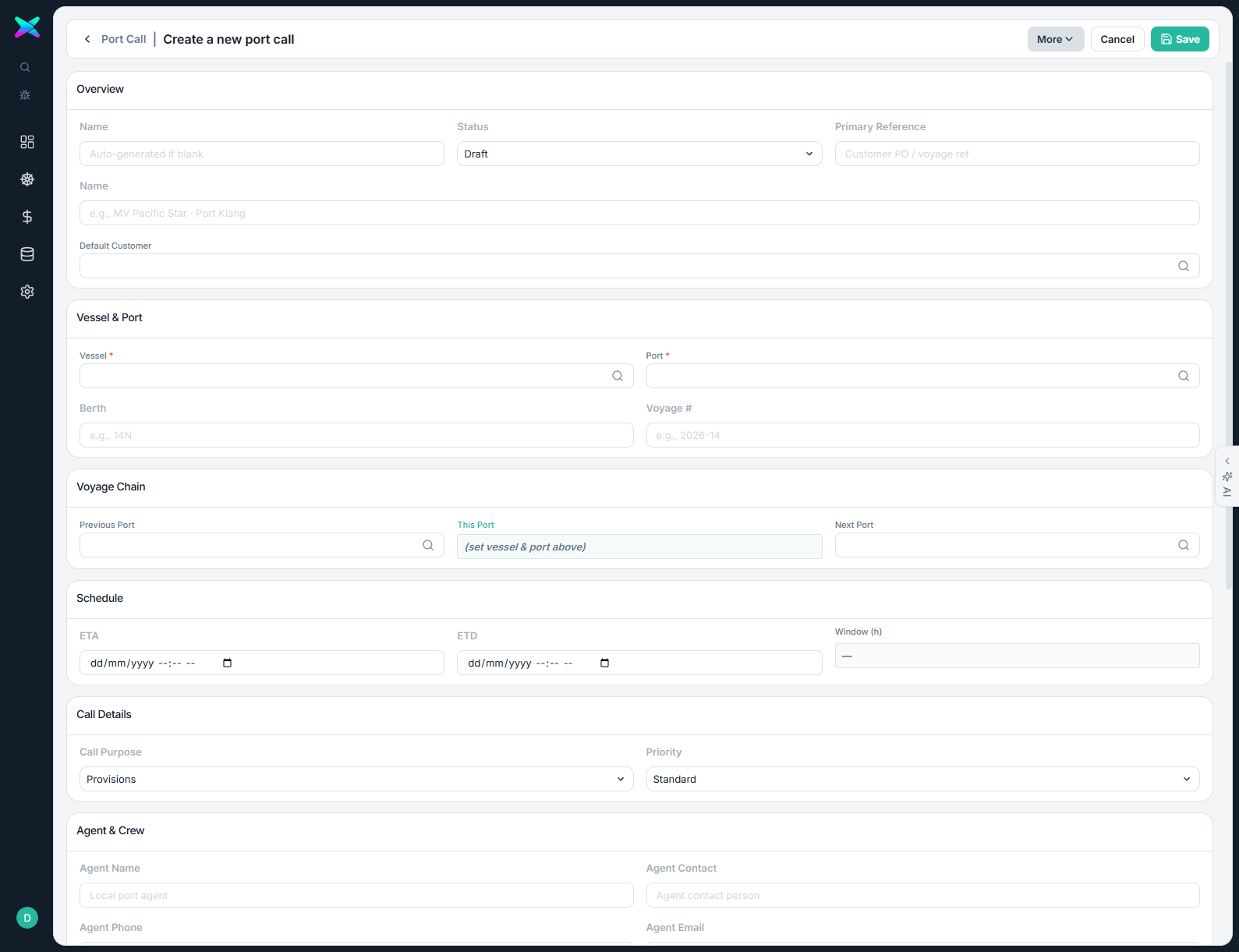 Empty new port call form