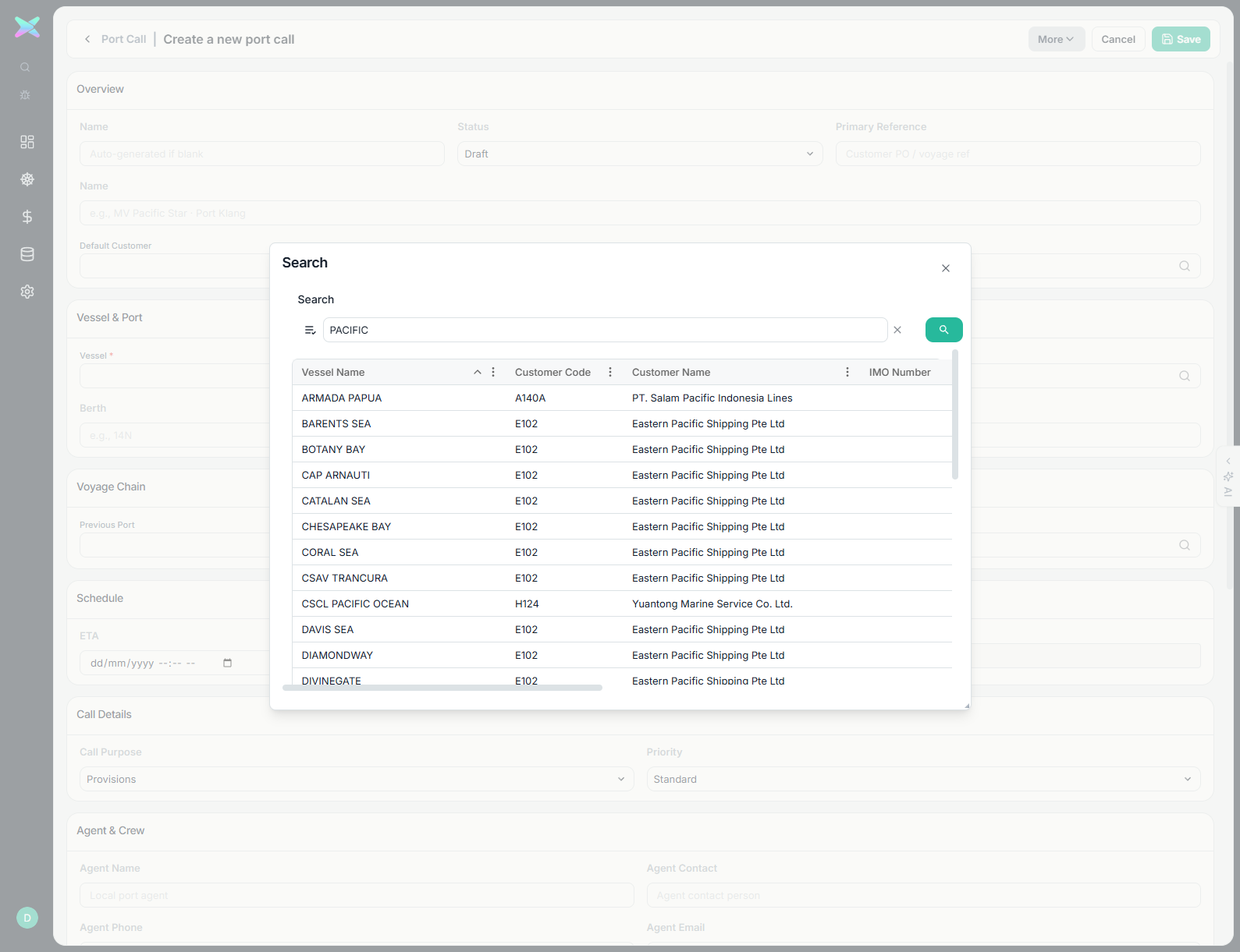 Vessel search dialog filtered to PACIFIC
