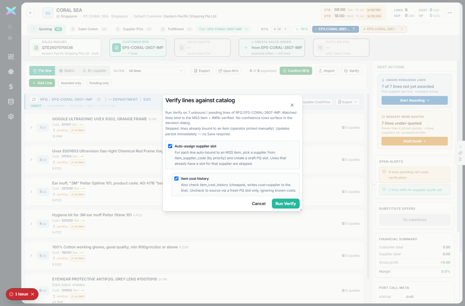 Verify lines against catalog modal