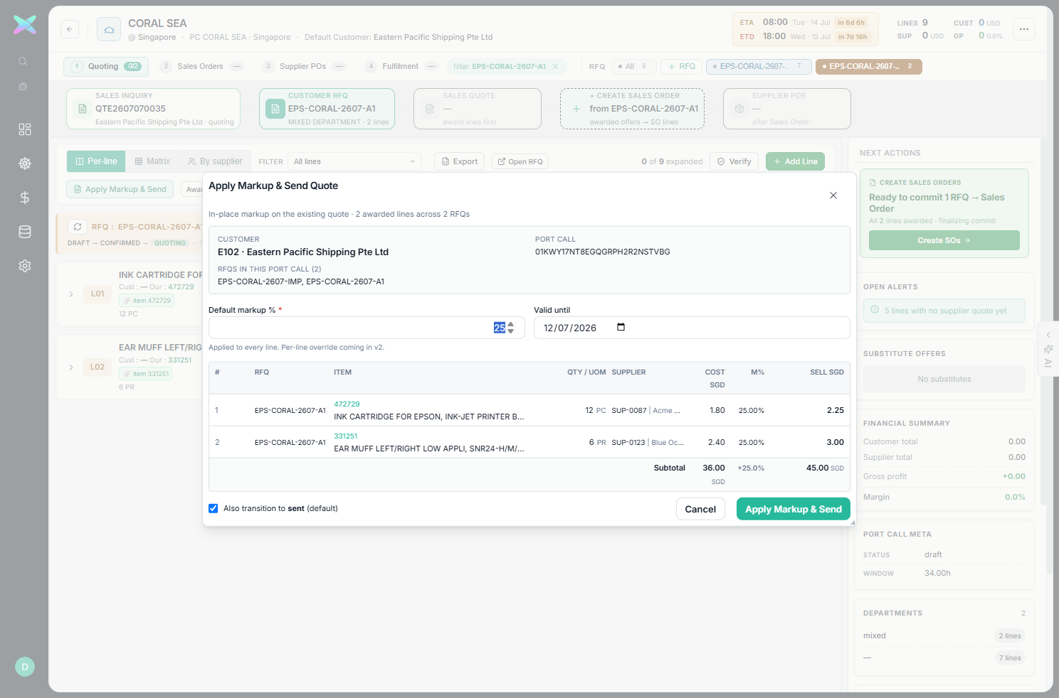 Apply Markup & Send Quote modal