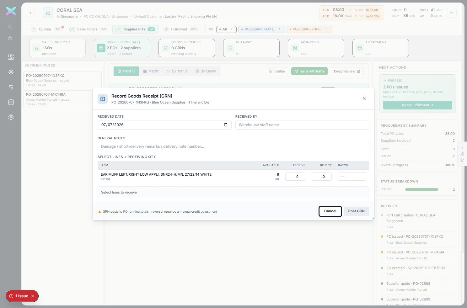 Record Goods Receipt (GRN) modal
