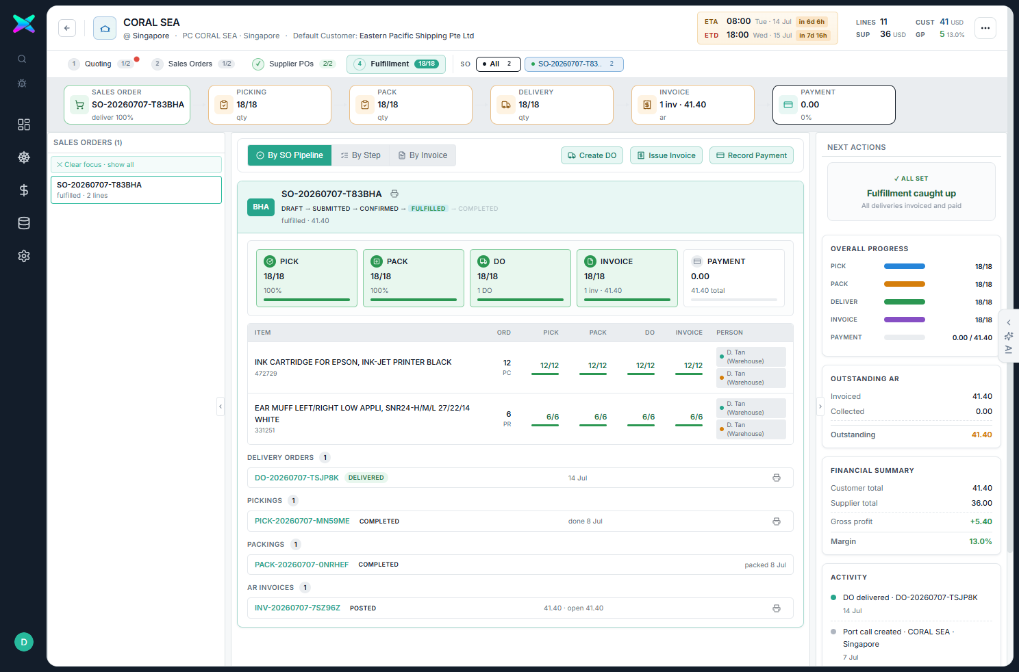 Completed CORAL SEA fulfillment pipeline