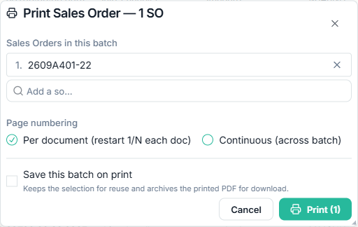 Batch print dialog for Sales Order