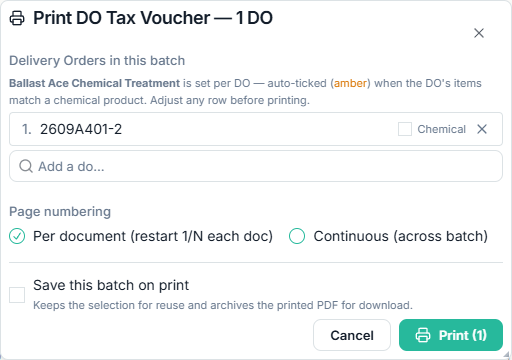 DO Tax Voucher batch dialog with a per-DO Ballast Ace Chemical Treatment toggle
