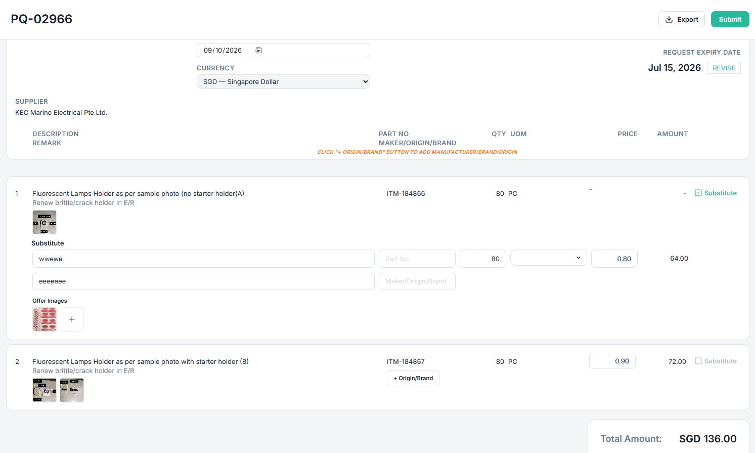 Supplier portal with Offer Images uploader and requested-item reference photos
